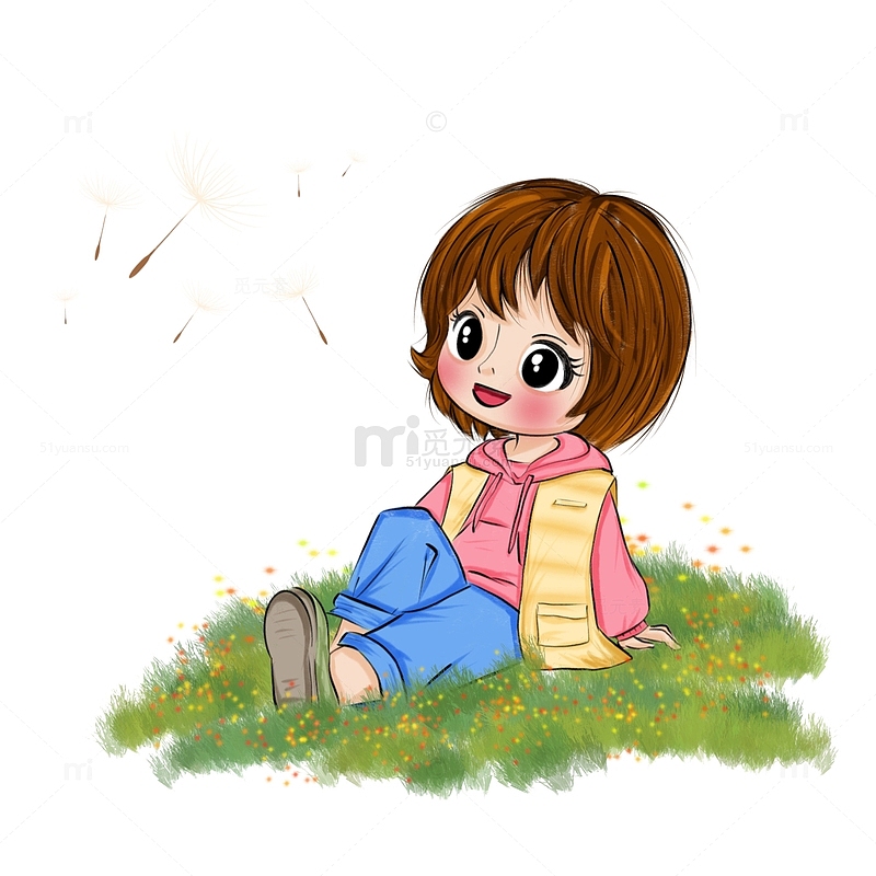 手绘卡通秋天坐在草地上看蒲公英的女孩