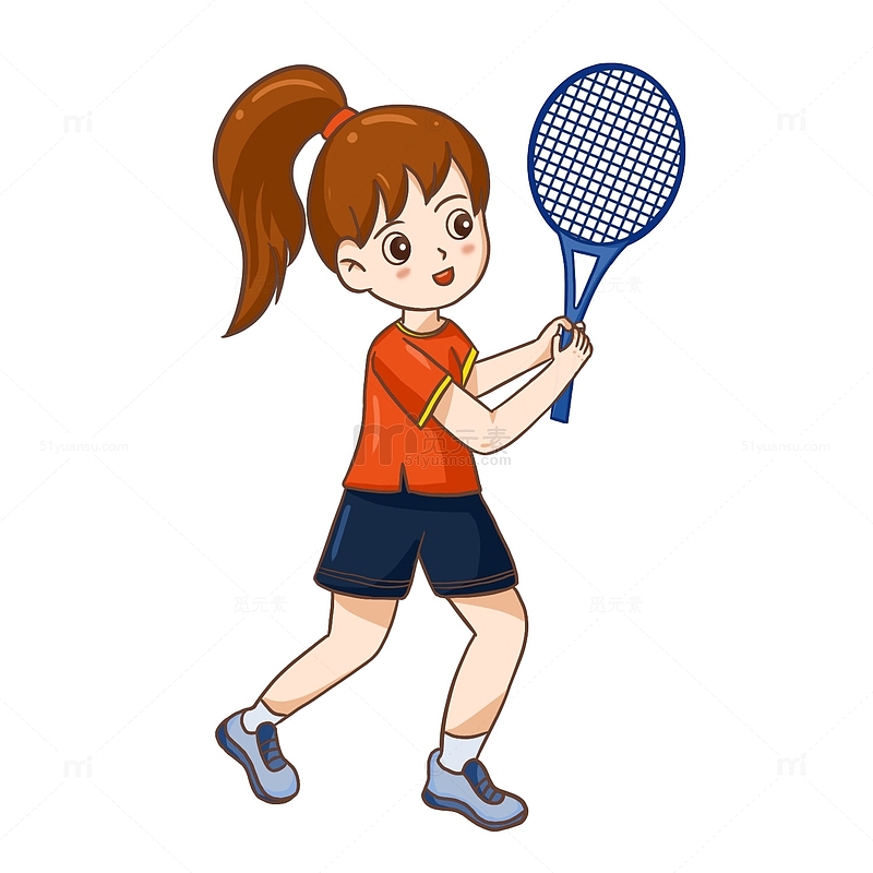 运动员体育女生手拿球拍卡通打网球
