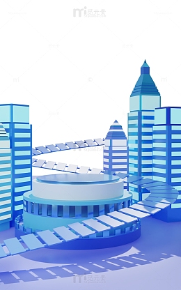 蓝色科技感3D立体建筑场景电商大促展台
