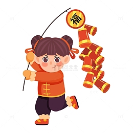 卡通简约举着鞭炮的小女孩