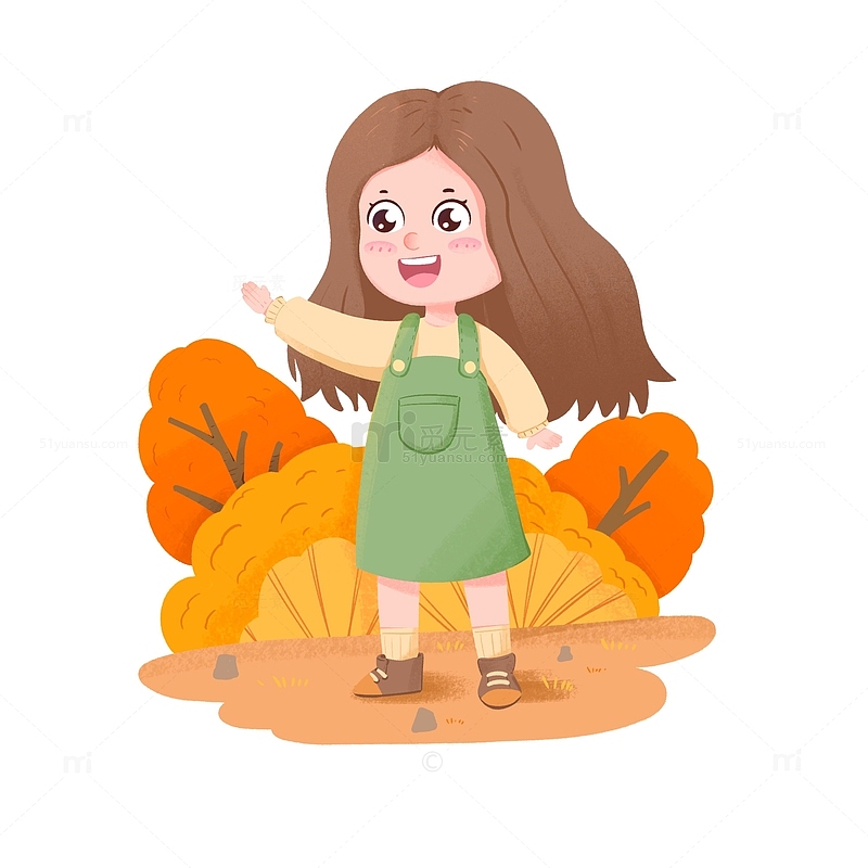 卡通手绘秋天节气女孩和黄色的树木免抠元素
