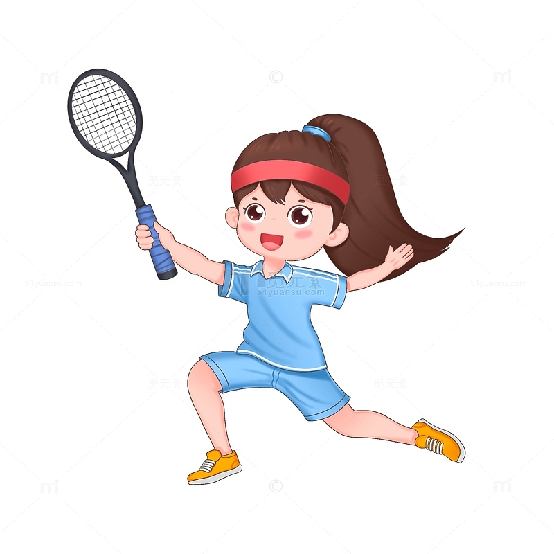 卡通手绘女孩打羽毛球免抠元素