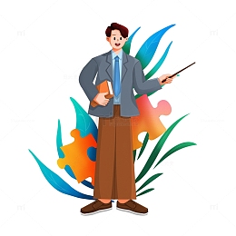 扁平噪点风拿教案书籍教棍的男青年老师教师