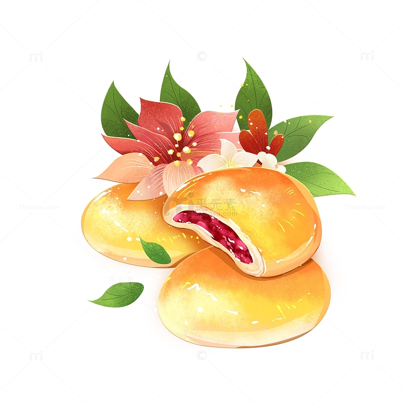 手绘美食特色特产鲜花饼插画元素