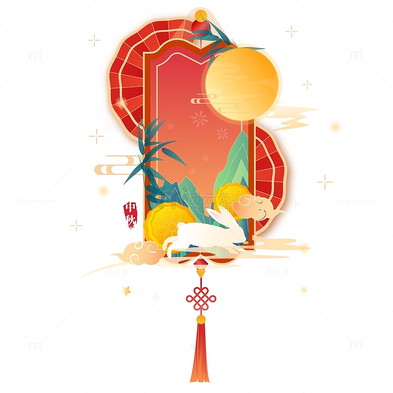 红色中国风喜庆中秋节日装饰吊坠边框元素