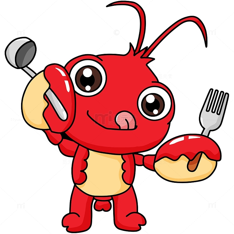卡通龙虾吉祥物形象美食勺叉吃货