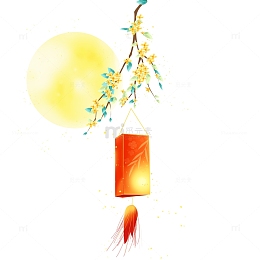 中国风手绘桂花红色灯笼月亮树枝装饰元素