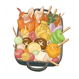 关东煮美食串串涮串元素手绘插画