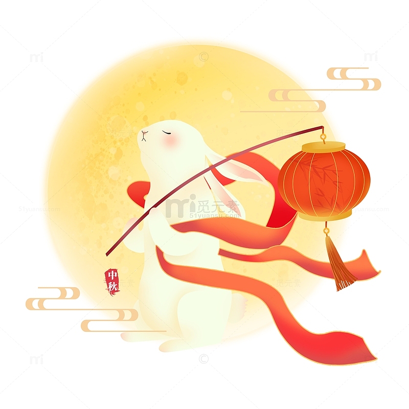 红色中国风中秋兔子提灯笼装饰插画元素