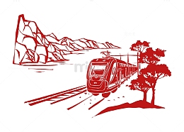 火车轨道山水树木风景交通工具剪纸场景