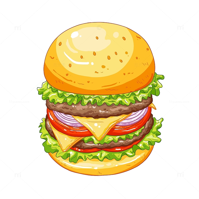 汉堡快餐美食牛排芝士生菜扁平手绘插画元素