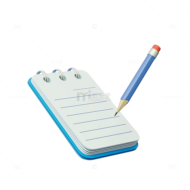 蓝色记事本铅笔文具3D元素