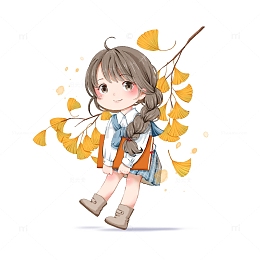 秋季立秋秋分银杏卡通手绘女孩