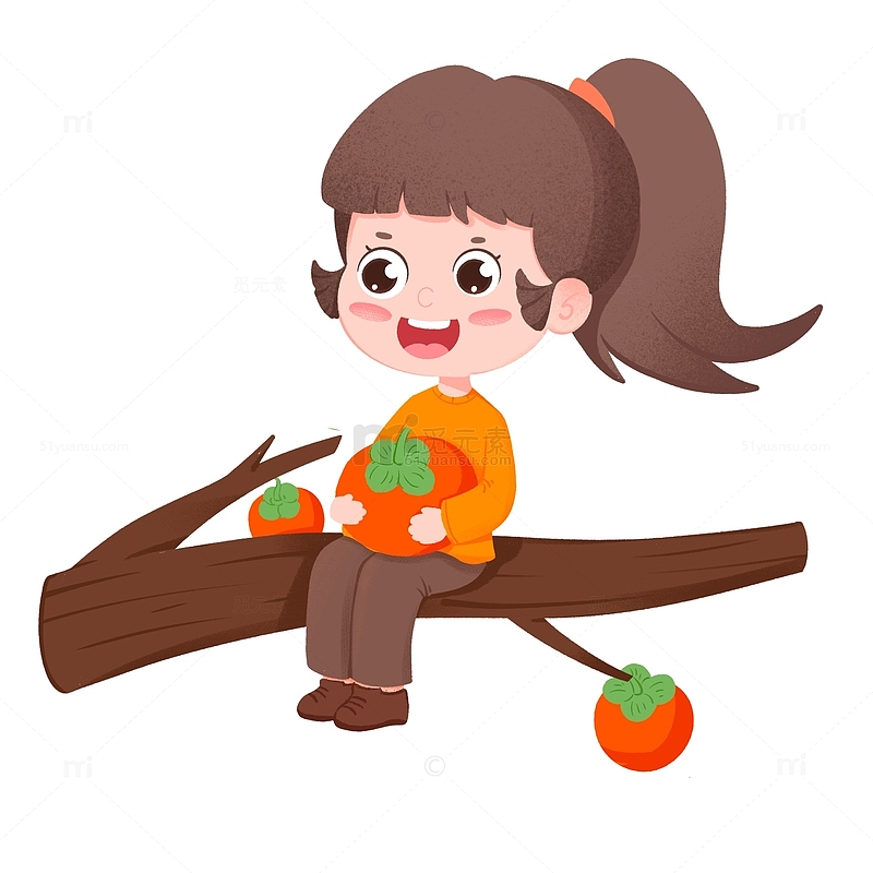 卡通手绘寒露节气女孩抱着柿子免抠元素