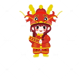 春节龙年吉祥头戴龙帽女孩祝福语手绘元素