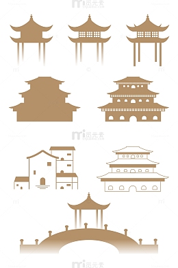 中式古风线条建筑矢量剪影元素