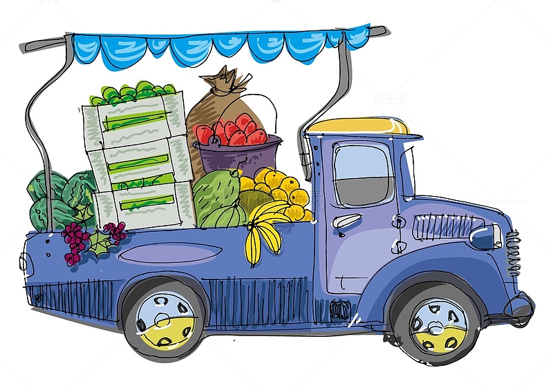 卡通装有新鲜水果的蓝色货车