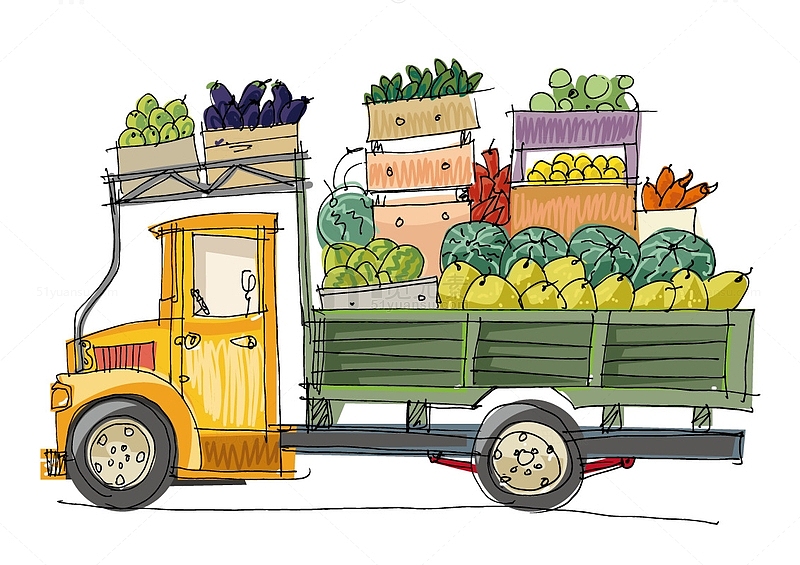 卡通风格的装水果的货车