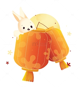 红色喜庆国潮中国风灯笼兔子装饰插画元素