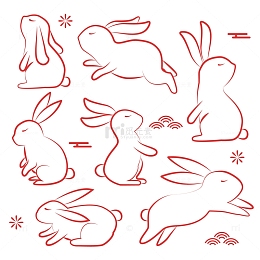 红色中国风线条中秋节日兔子装饰插画元素