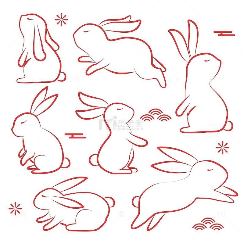 红色中国风线条中秋节日兔子装饰插画元素