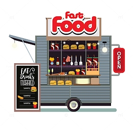 卡通路边售卖快餐的汽车元素