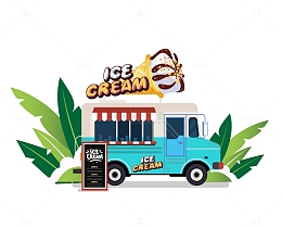 矢量卡通蓝色冰激凌餐车