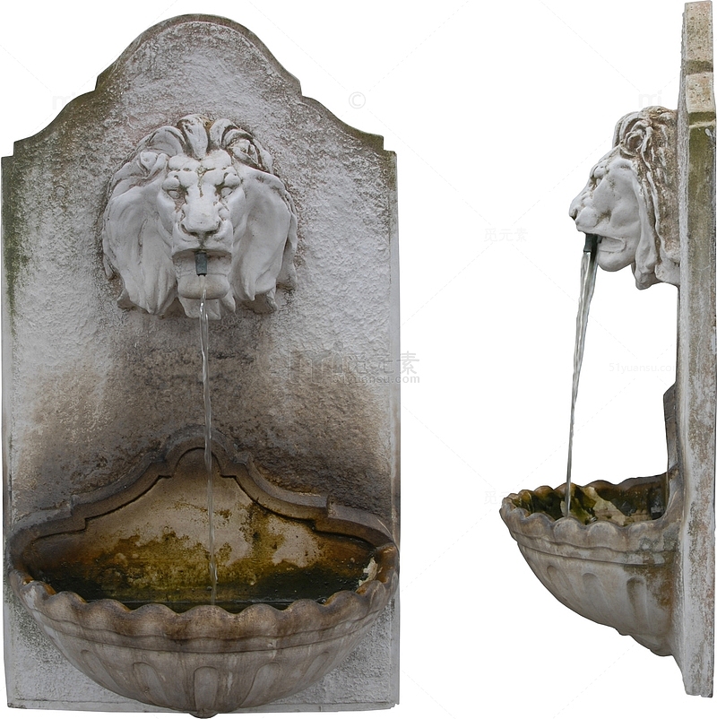 古典风狮首石雕喷泉角度特写