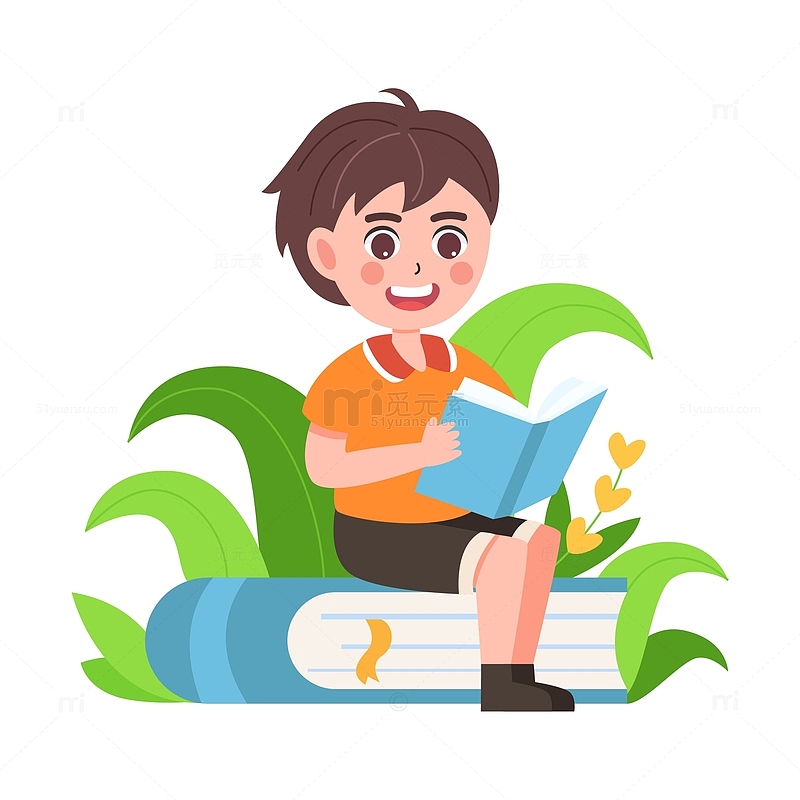 卡通简约坐着看书的小孩