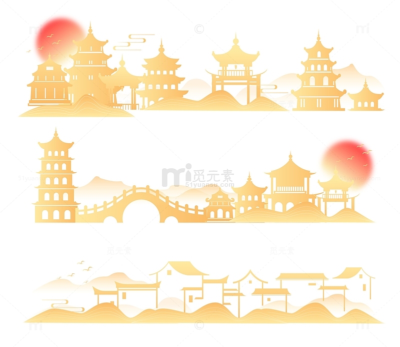 淡雅文艺中国风传统古代建筑装饰插画元素