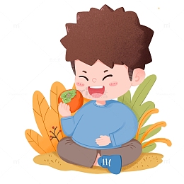 寒露节气男孩开心坐在草地上吃柿子免抠元素