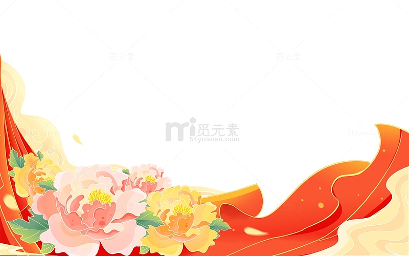 国潮国庆节国庆华表牡丹红绸装饰
