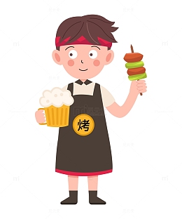 卡通简约拿着啤酒烤串的小哥