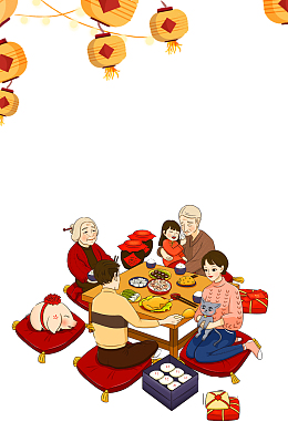 春节除夕灯笼手绘人物酒坛年猪饭桌