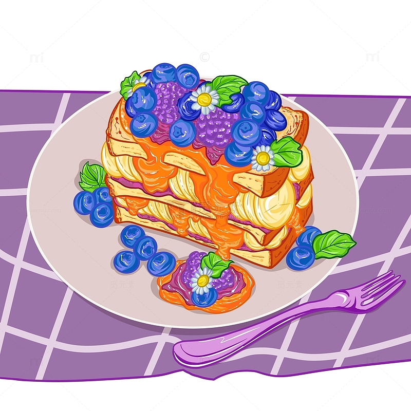 手绘美味的蓝莓香蕉蛋糕