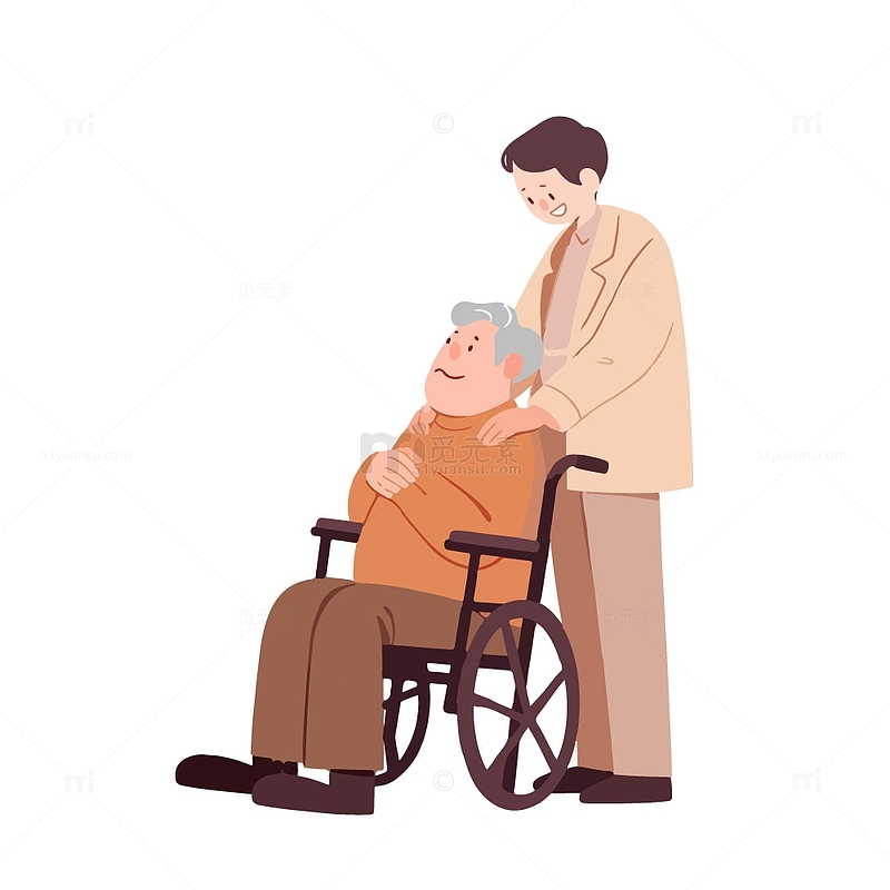 重阳节敬老年轻人照顾坐在轮椅上的老人