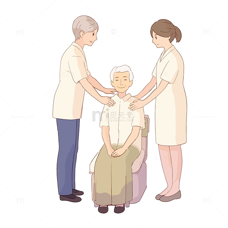 两个年轻在照顾老人