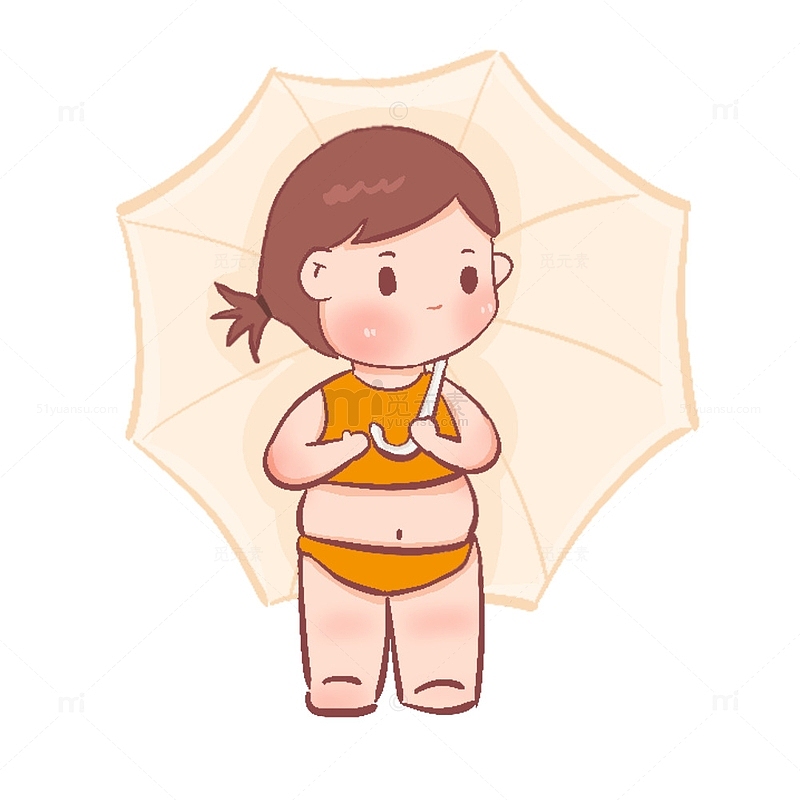 户外撑伞的泳衣小女孩