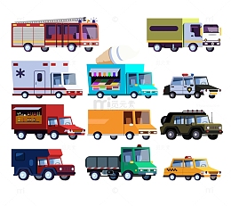 矢量卡通汽车消防车卡车餐车货车警车出租车