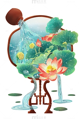 国风荷花团扇中国风荷花池塘插画