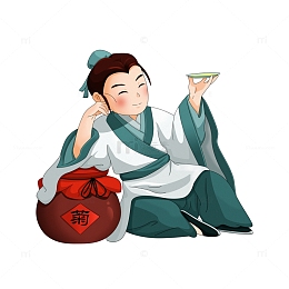 靠在酒壶上举杯喝酒的古人