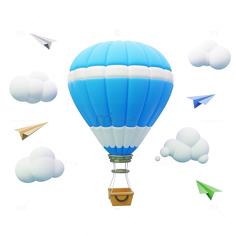 卡通蓝色热气球纸飞机3D立体模型