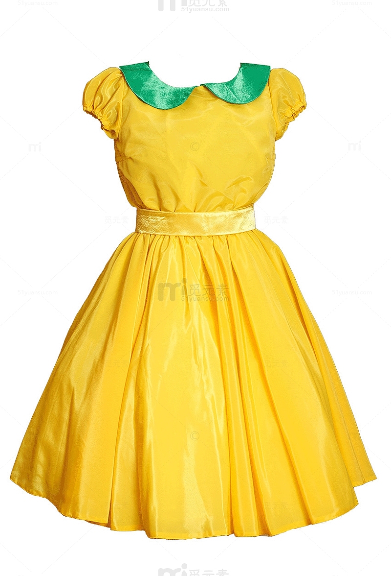 黄色娃娃领短袖束腰A字连衣裙