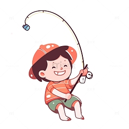 开心钓鱼的小男孩