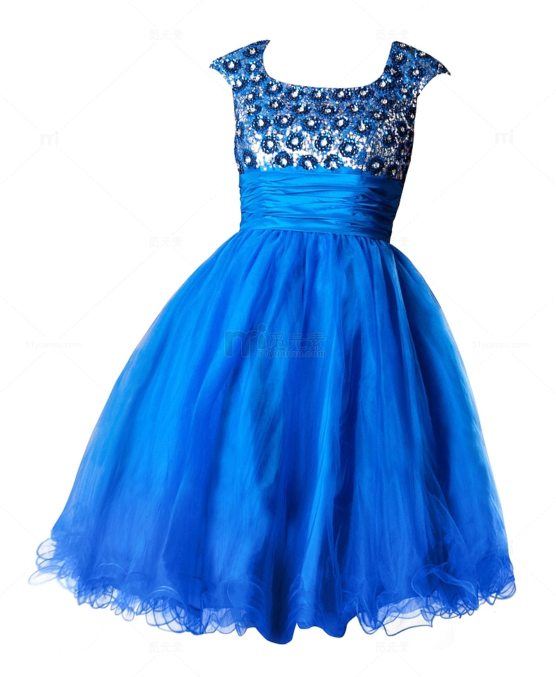 蓝色花朵亮片无袖低圆领网纱连衣裙