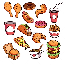 手绘卡通快餐美食汉堡可乐鸡腿薯条