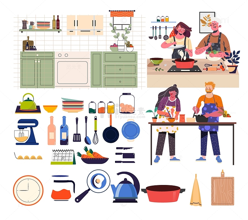 矢量扁平卡通人物厨房烹饪厨具餐具