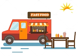 扁平风快餐食品餐车商店