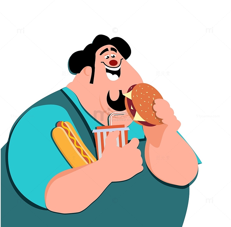 矢量扁平吃汉堡肥胖人物