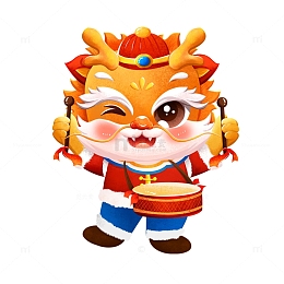 2024国潮龙年形象敲鼓手绘插画元素
